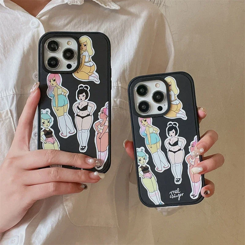 

Fashion Girl Black Frosted Phone Case Cover for IPhone 13 14 15 16 Pro Max Case