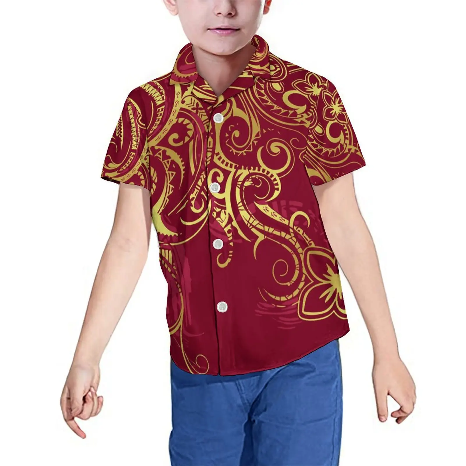 Kinder-Hals Knielengte Bedrukte Jurk Met Bloemenschildpad Patroon Shirt Voor Polynesische Kinderen Overhemd En Jurk Set