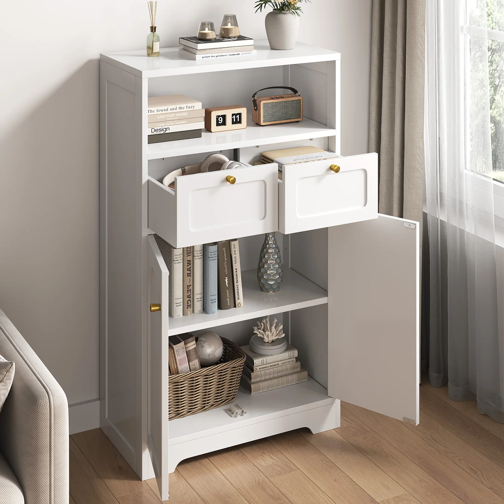 

Современный напольный шкаф для ванной комнаты (США) с открытыми полками, 2 дверцами, 2 ящиками, для хранения, для гостиной, кухни, домашнего офиса