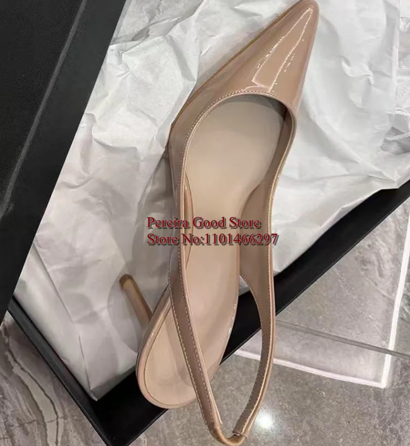 Modern Nude Leather Women Slingback Pumps Pointed Toe Slip On 8cm Cover Heels Formal Female Wedding Brid Shoes