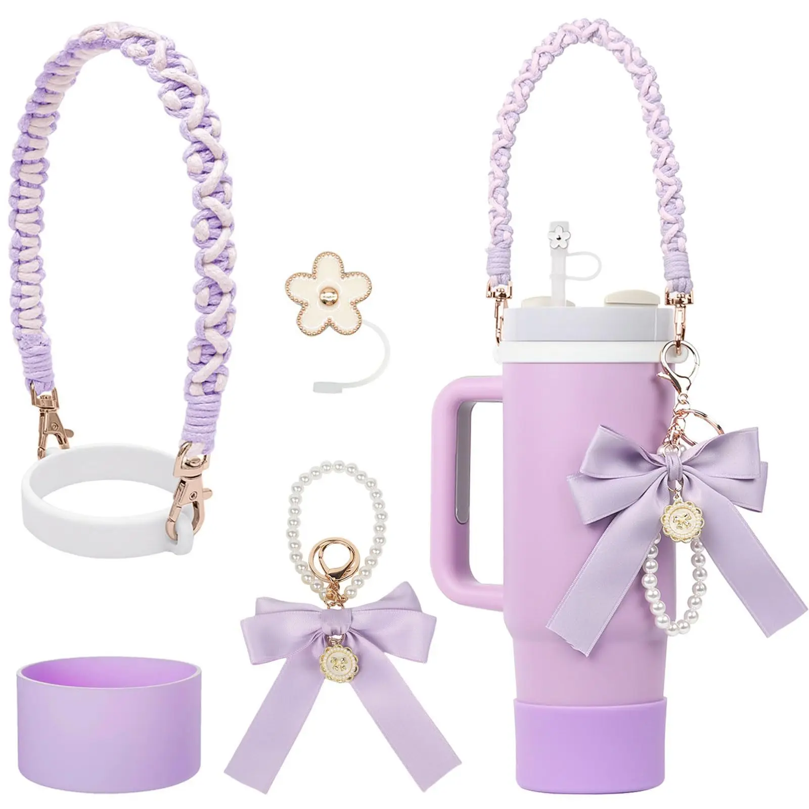 Cup Accessories For Stanley 10mm Flower Straw Cap Bow Pearl Chain Keychain Cup Spill Proof Stopper Water Cup Handheld Lanyard