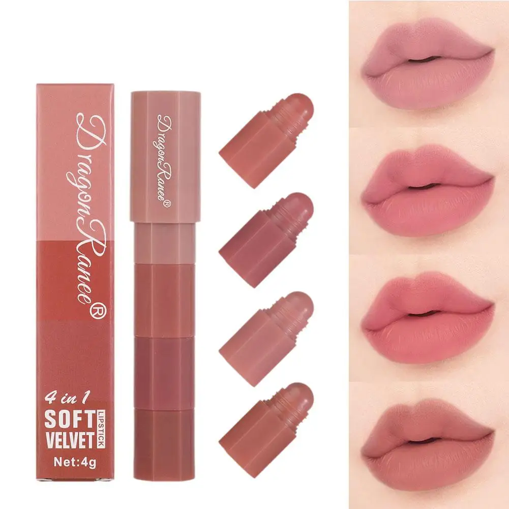 Lápiz labial mate de terciopelo 4 en 1, lápiz labial resistente al agua, duradero, líneas finas antiadherentes, cosméticos, brillo suave, I6K2