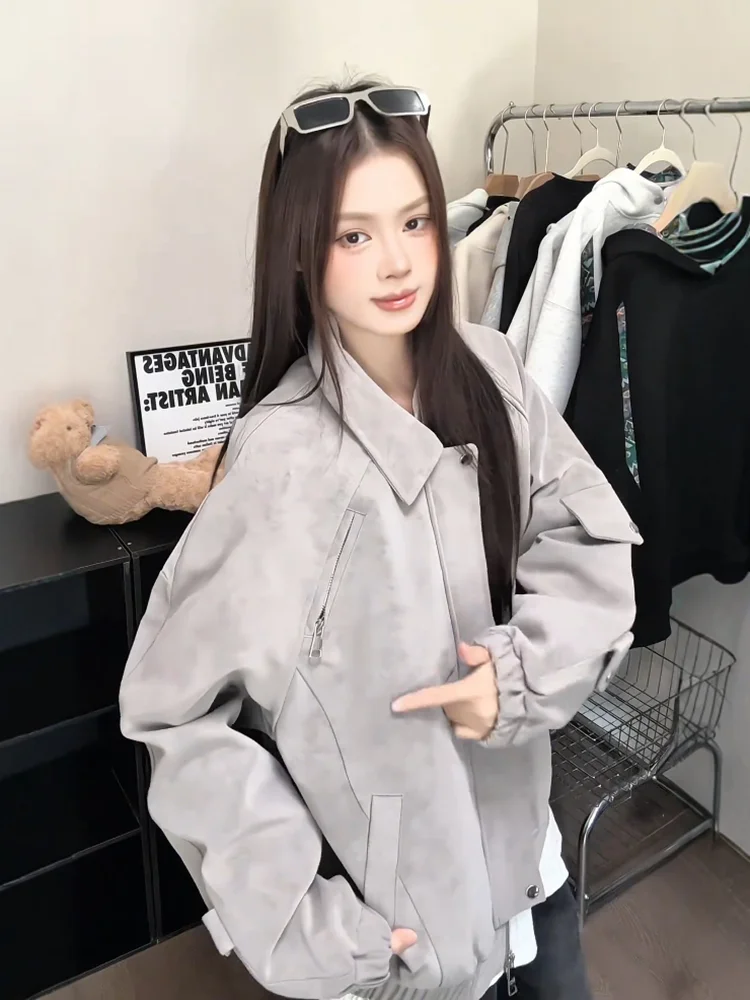 

Retro American Dyeing Motorcycle Leather Jaet Men's Autumn High-End CleanFit Collar Workwear Jaet Loose Fit Zipper