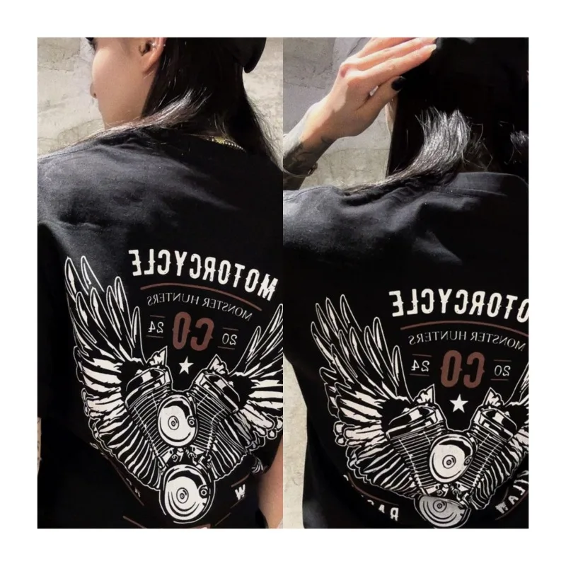 

2025 Printed T-shirt Couple Summer American Retro Motorcycle Pure Cotton Round Neck Casual Base Shirt T-shirt Short Sleeved