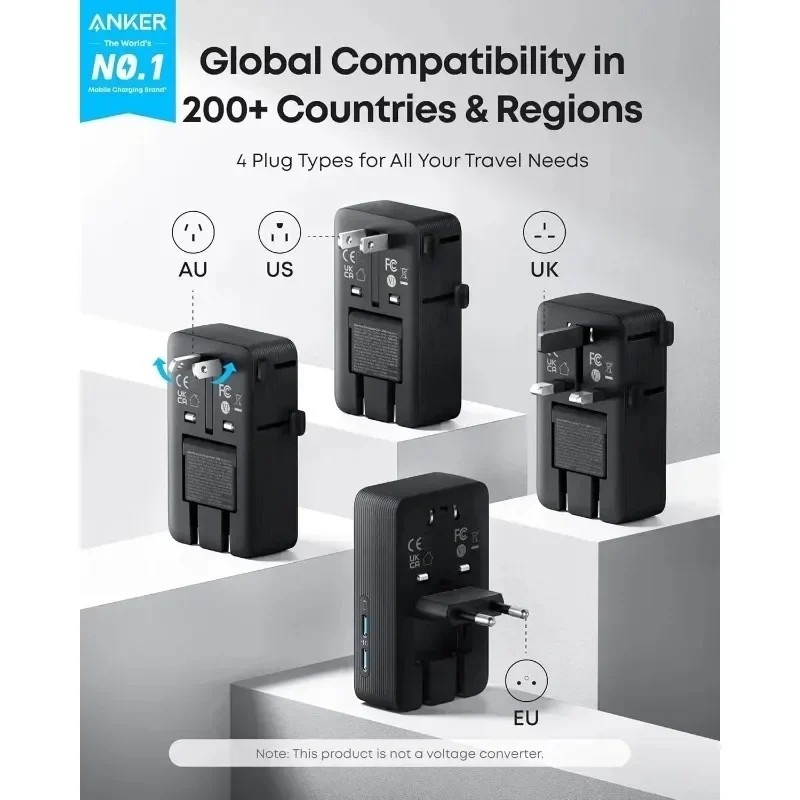 Anker Nano Compact Travel Adapter, 100‑240V, Built‑in USB‑A & Type‑C 20W Dual‑Port Charger for Global Travel, Cellphone & Laptop