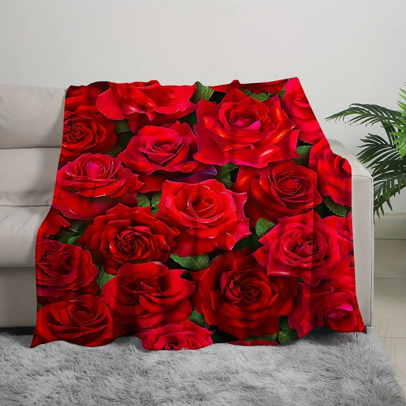 Vivid Red Rose Print Soft Warm Flannel Blanket 310