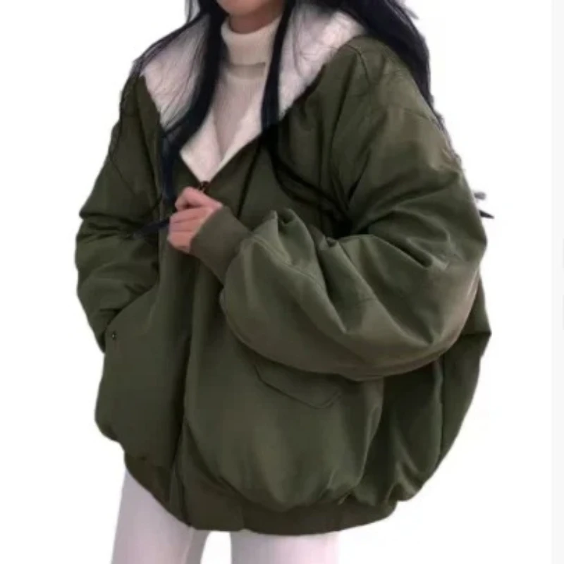 Kurtka zimowa z grubego polaru, ocieplana bawełną, z kapturem i zamkiem błyskawicznym, imitacja skóry jagnięcej, jesień 2025.