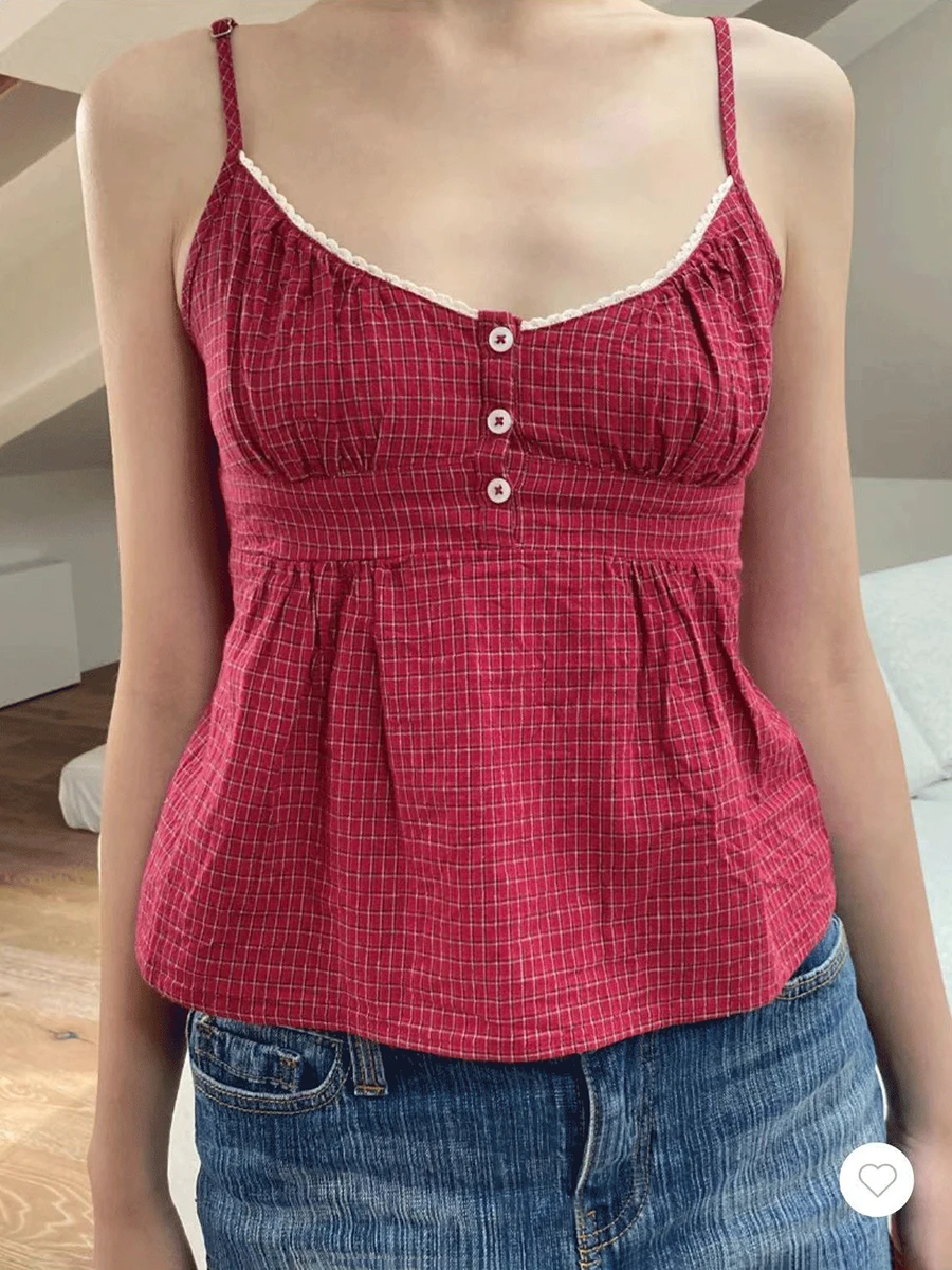 New Red Plaid Buttons Slim Tank Top Women Lace Trim V-neck Back Lace-up Cotton Camis Summer Vintage Sweet Sleeveless Vests Y2k