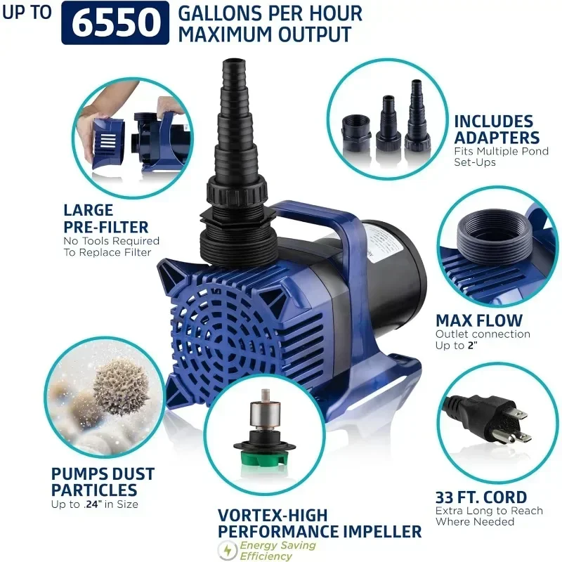 Hot Sales6550 GPH Submersible Water Pump With 33 FT Cord And Adapters For Ponds, Fountains, Waterfalls, And Water Circulation