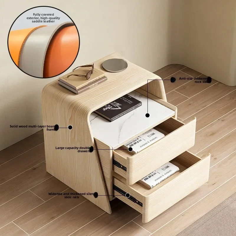 Modern Cream wind rock slab saddle leather solid wood bedside table bedroom storage cabinet sturdy and durable