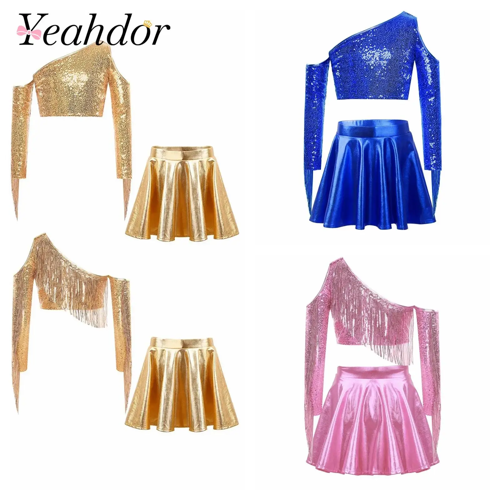 Kids Girls Metallic Shiny Stage Costume Dance Outfits Tassel Sequined Crop Top Pleated Skirt for Jazz Dance Performance Suits
