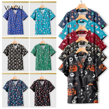 Pflege uniformen Cartoon gedruckt medizinische elastische Krankenhaus arzt Unisex Halloween Weihnachts kostüme Frauen Männer Krankens ch wester Peelings Tops