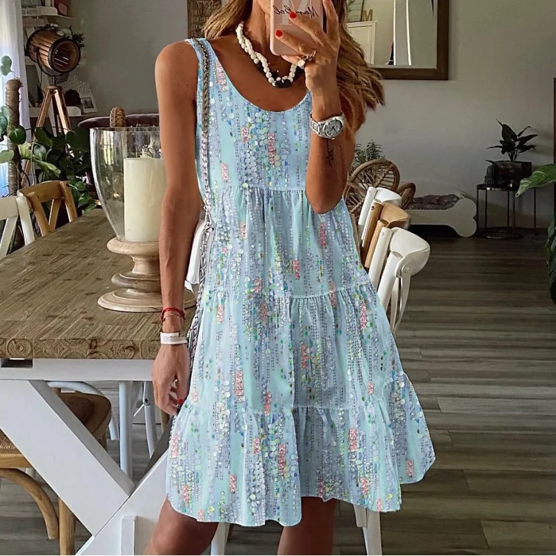 

Mid-Length Sleeveless Dress, Loose Round Neck, Floral Print, Casual Fashion, New, Spring and Summer, 2024