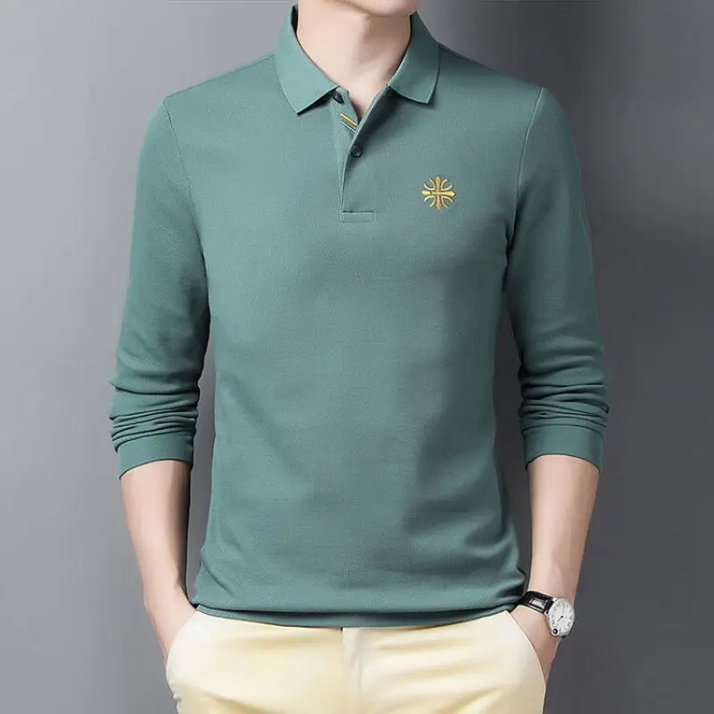 

Men's T-shirt Long Sleeve V-Neck Cotton Business Casual Spring Summer Long Sleeve POLO Loose Button Embroidery Tops