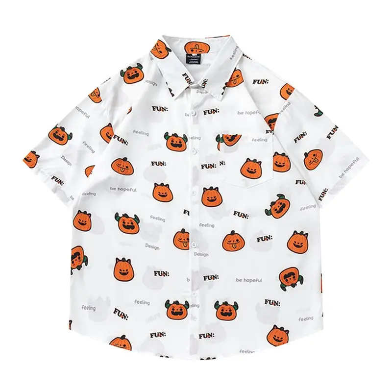 BEIANJI new American retro funny pumpkin full print short-sleeved flower shirt men's summer vacation casual half-sleeved shirt
