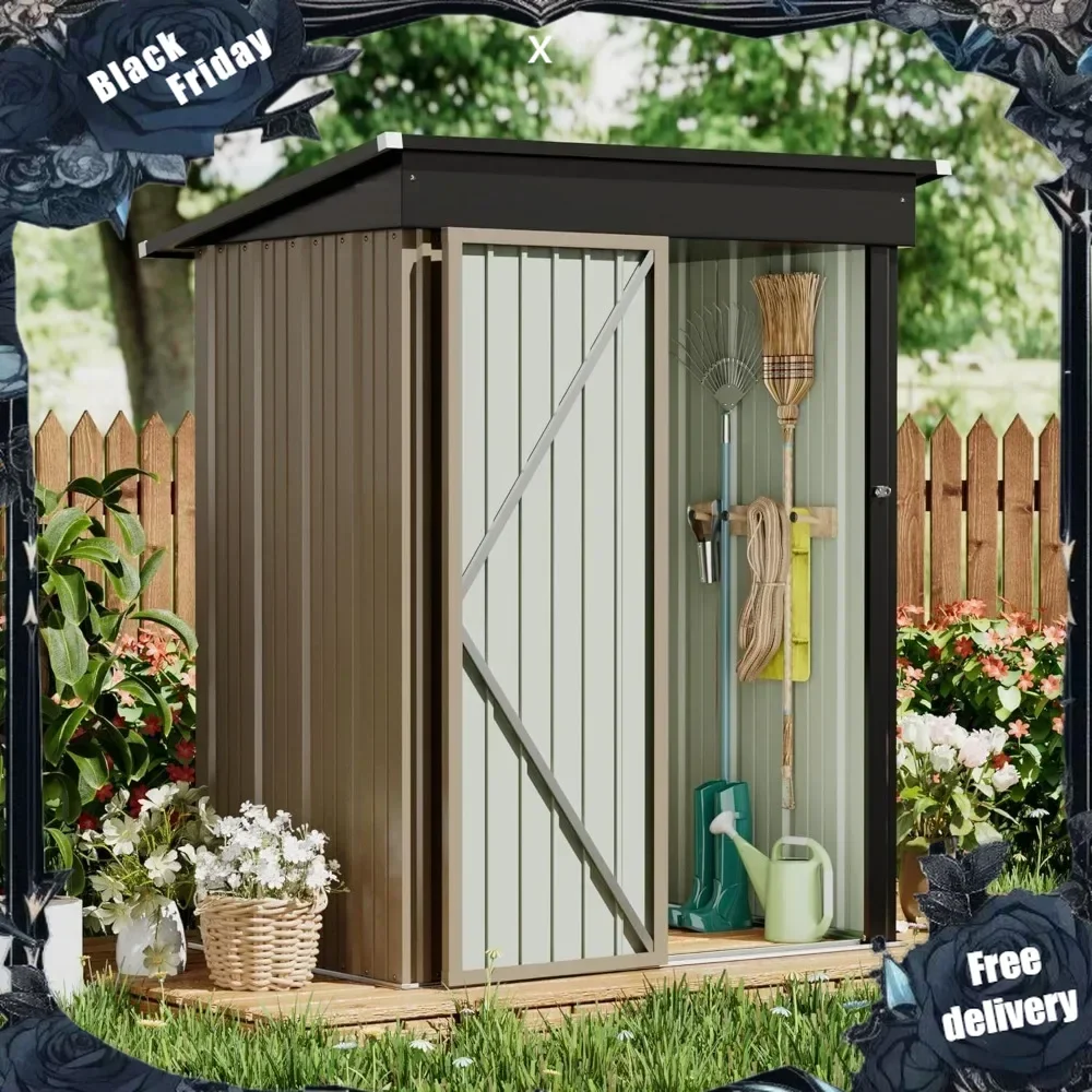 

5 x 3 FT Shed Outdoor Storage Metal Garden with Lockable Door Outside Waterproof Tool Shed for Backyard, Lawn (Brown)