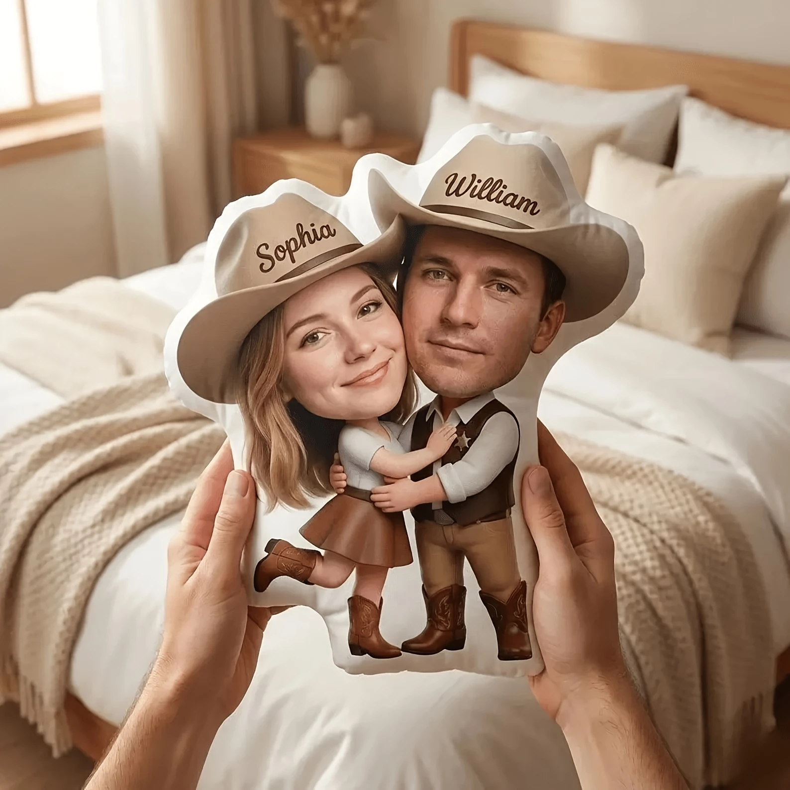 1pc- Customized Style Couple Embracing Portrait Pillow- Personalized Double Photo Customization| Western Cowboy Style Couple Fig