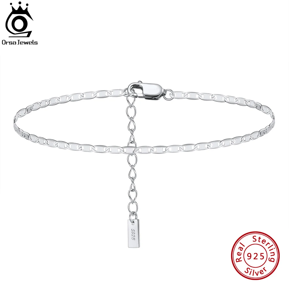 ORSA JEWELS 925 Sterling Silver 2mm Italian Sparkle Mirror Link Chain Anklet Simple Jewelry for Women Birthday Gift SA29