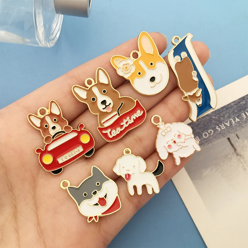 10pcs/Lot Cute Delicate Dog Corgi Enamel Charm Mix26pcs Animal Pendant Necklaces Earrings DIY Jewelry Making Craft Accessories