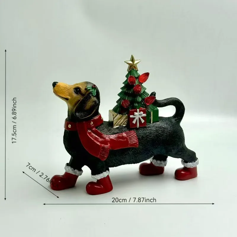 Light‑Up Resin Dachshund Figurine Christmas Tree Statue Tabletop Centerpiece Fireplace Cabinet Festival Home Decor Ornament Gift