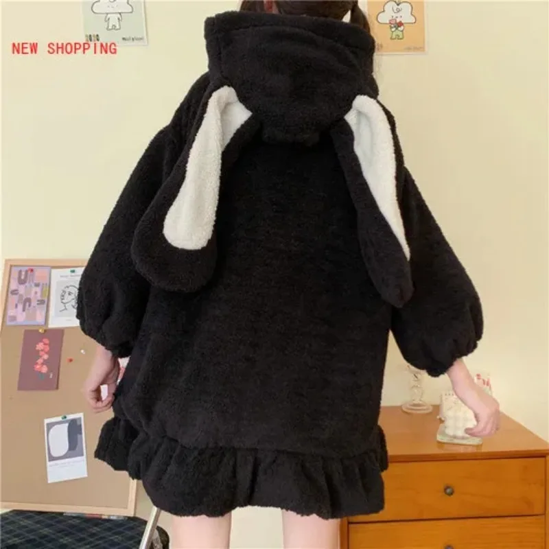 Abrigos con capucha con Orejas de conejo Kawaii, chaqueta cálida para chica coreana japonesa para mujer, Parkas con volantes de lana de cordero