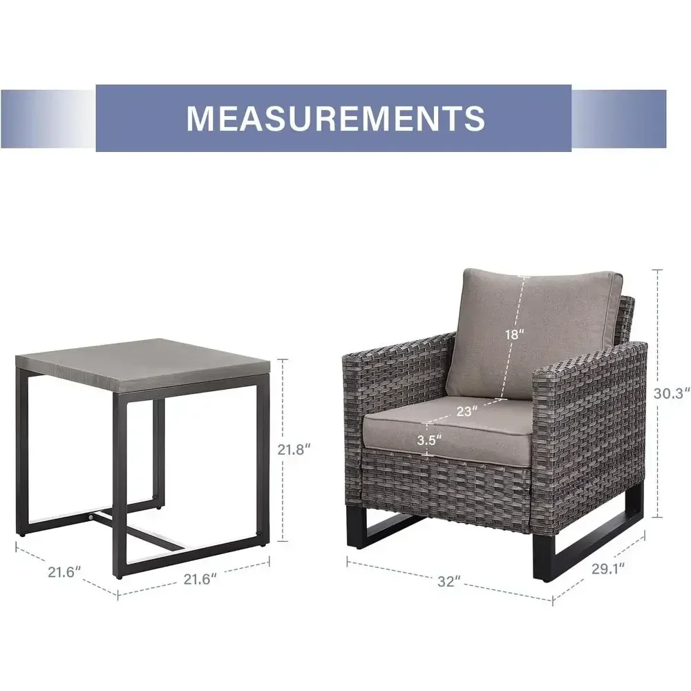 3-Piece Outdoor Bistro Set: Rattan Patio Chairs with Waterproof Cushions and Metal Frame in Mixed Grey