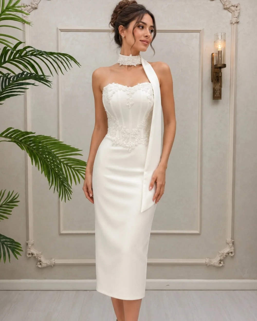 Customized Modern Style Women Jersey Applique Pleat Sheath Evening Dresses Elegant Sexy Strapless Sleeveless Tea Length Dresses