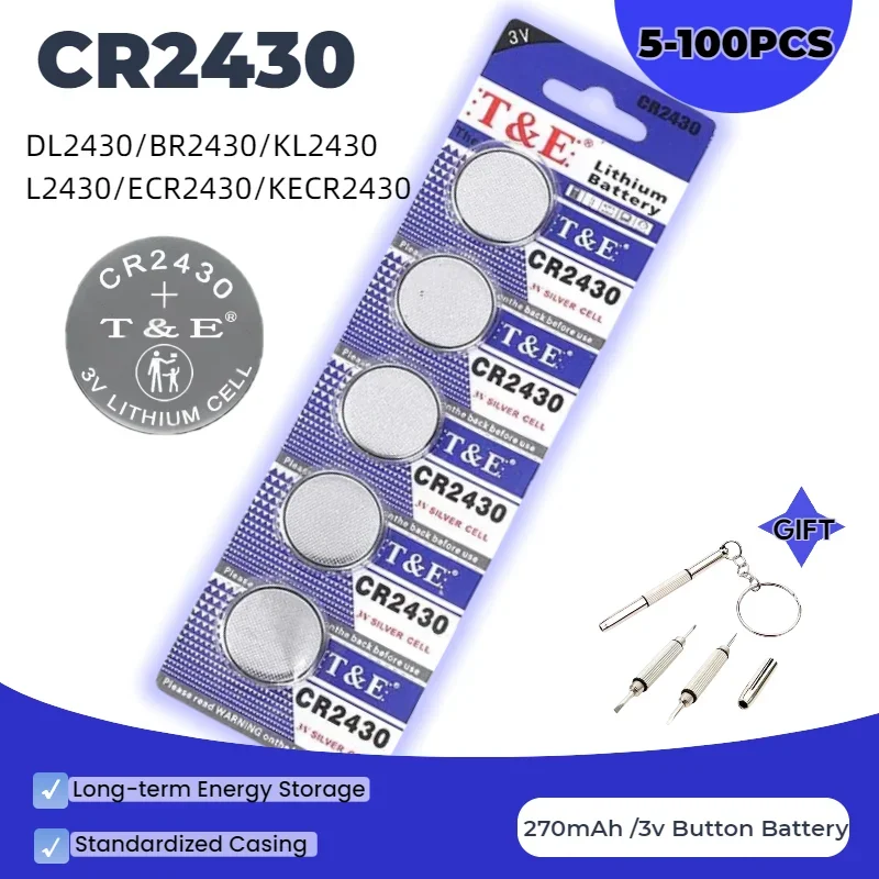 top5-100PCS CR2430 3V 270mAh Lithium Button Batteries DL2430 BR2430 KL2430 L2430 Coin Cells For Watch Remote Key Electronic Scal