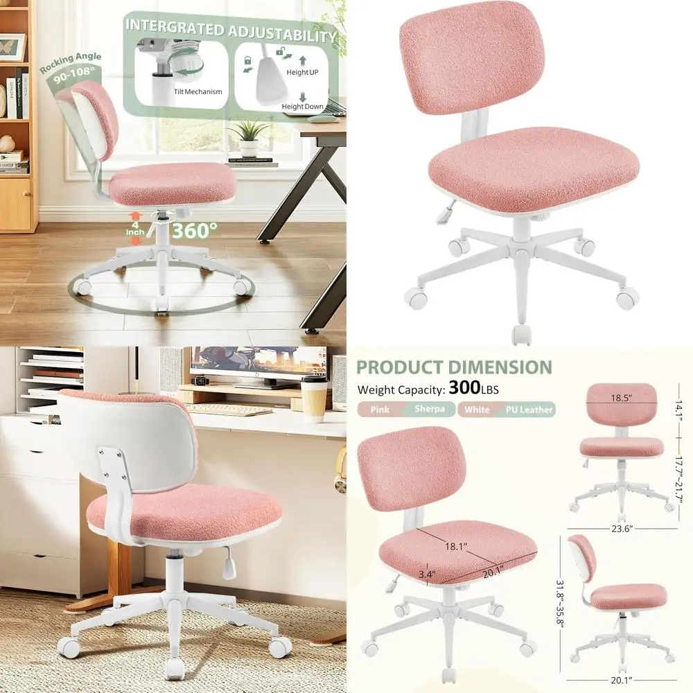 

Padded Swivel Office Chair without Arms, 20.1 Pink Vanity Seat with Lumbar Support for Makeup, Study, Small Spaces