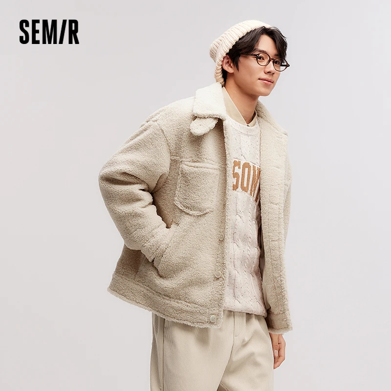 Semir Jacket Men Plush Outerwear 2024 New Couple Solid Color Versatile Loose Imitation Lamb Wool Winter Outfit Neutral Style