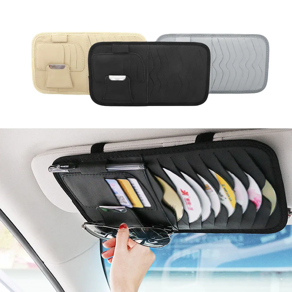 

Car Sun Visor Storage Pouch Beige Practical Organizer for Cards Sunglasses Receipts Driving License Auto Interior Clip