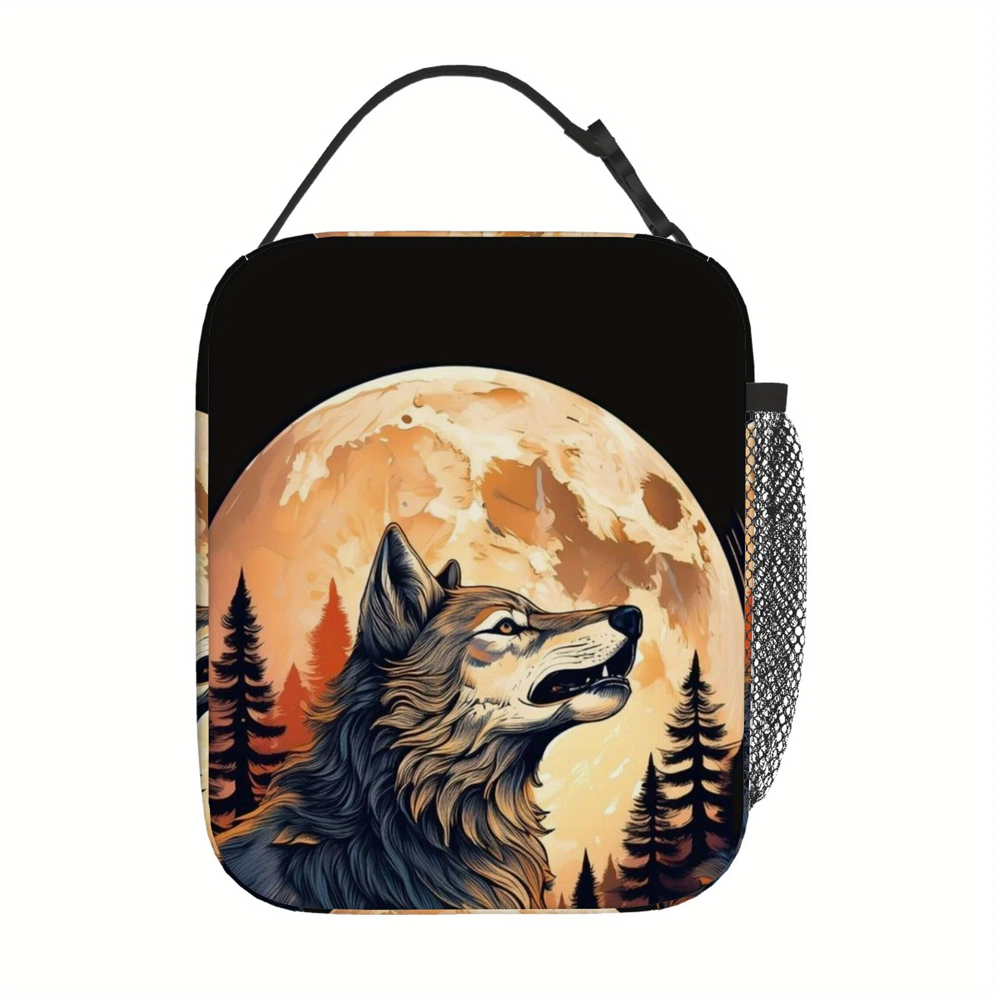 Thermal Bag Featuring a Wolf Howling at a Full Moon, Designed for Insulation. This Bag Is Not Intended for Food Contact