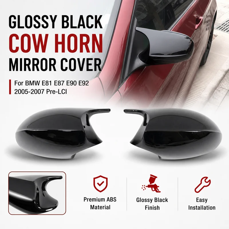 For BMW E81 E87 E90 E92 2005-2007 Pre-LCI Side Mirror Rear View Mirror Glossy Black Cow Horn Mirror Shell Cover