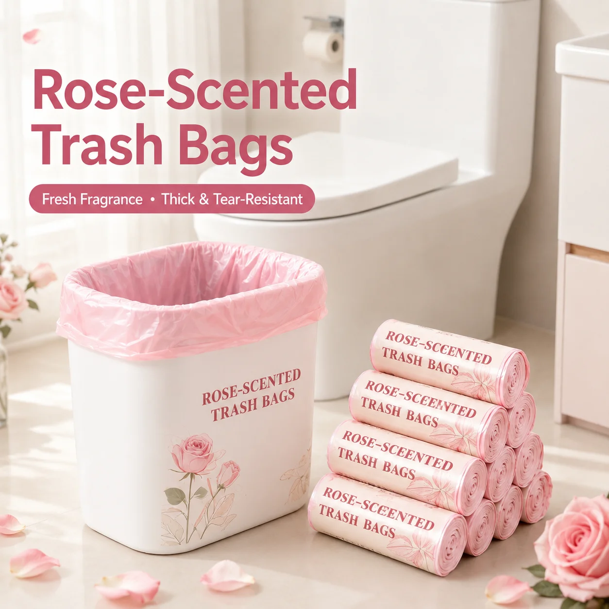 Large Rose Scented Heavy Duty Trash Bags with Drawstring, 45 x 45 cm Thick Tear-Resistant Garbage Bags for Kitchen, Bathroom, Office and Bedroom Bins, 1/2/3/6 Rolls
