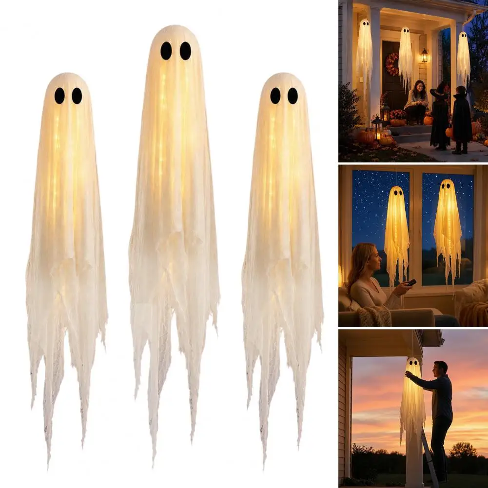 Battery Operated Glowing Ghosts 3 Pcs Hanging Ghosts Double-layer Fabric Halloween Decorations Outdoor Spooky Flying Ghosts