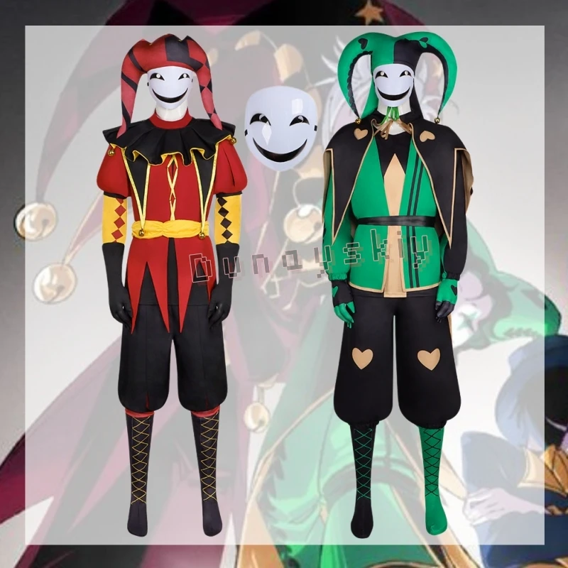 

Костюм клоуна-шутника для косплея «Цирк Фрик»: полный комплект, красно-черный наряд с шляпой, маской и колокольчиками, маска-улыбка в комплекте