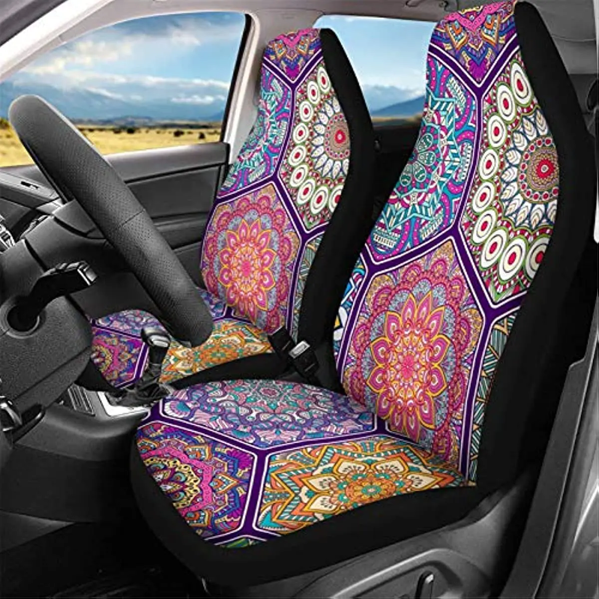 

Decorative Colorful Mandalas Patchwork Boho Flower Pattern Car Seat Covers Set of for 2 Front Seats,Auto Accessories Pr