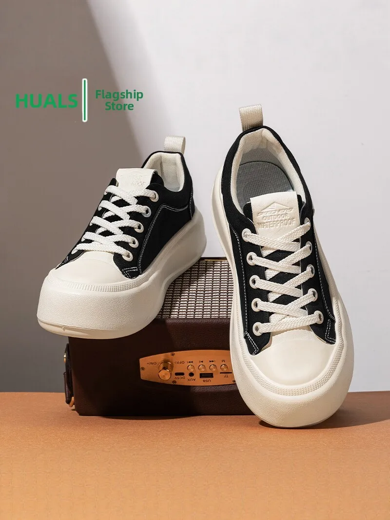 Men's Canvas Shoes Autumn Season Breathable Casual Low Top Sneakers Anti-Slip Design Korean Style round Toe Thick Bottom
