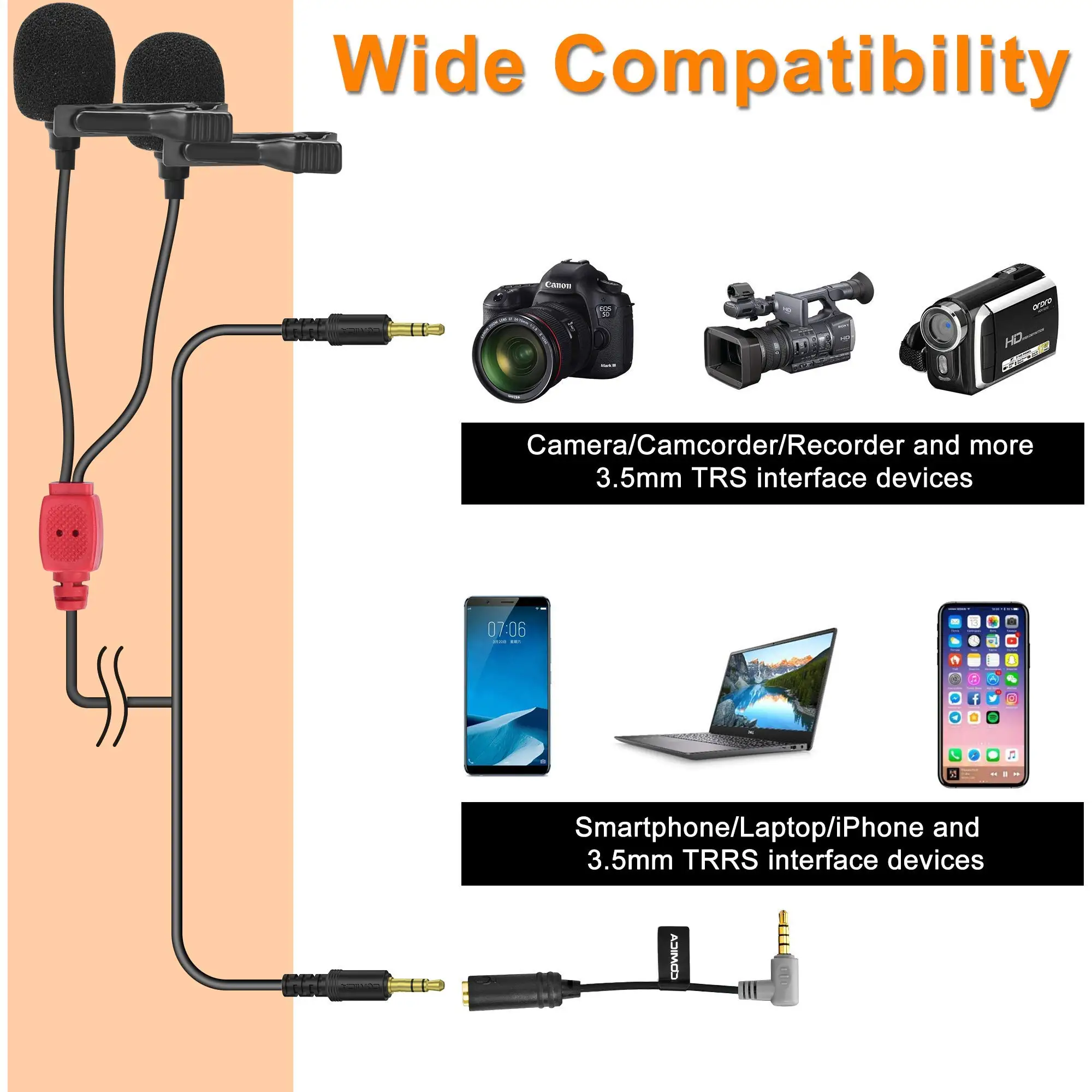 Comica CVM-D02 Dual Lavalier Lapel Microphone Clip-on interview mic for iPhone Android Smartphone for Sony Canon Nikon Cameras