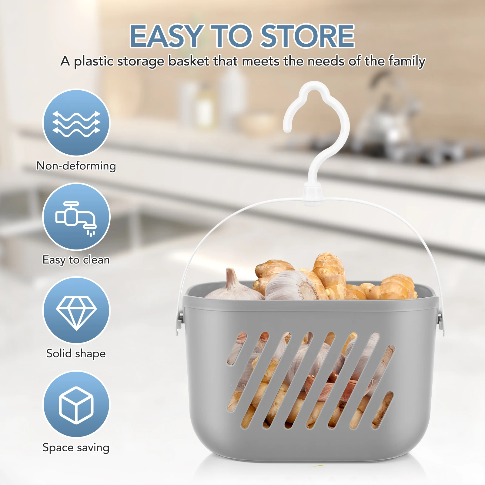 

1pcs Kitchen Hanging Basket Plastic Storage Baskets with Hooks Wall Mounted Bath Necessities Organizer Grey Tub