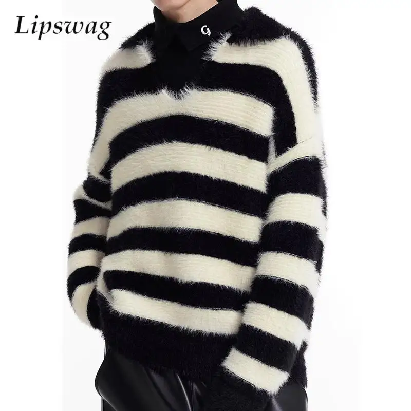 

Streetwear Mens Cozy Furry Tops Autumn Winter Trendy Striped Knit Fleece Sweater Men Vintage V Neck Long Sleeve Lapel Polo Shirt