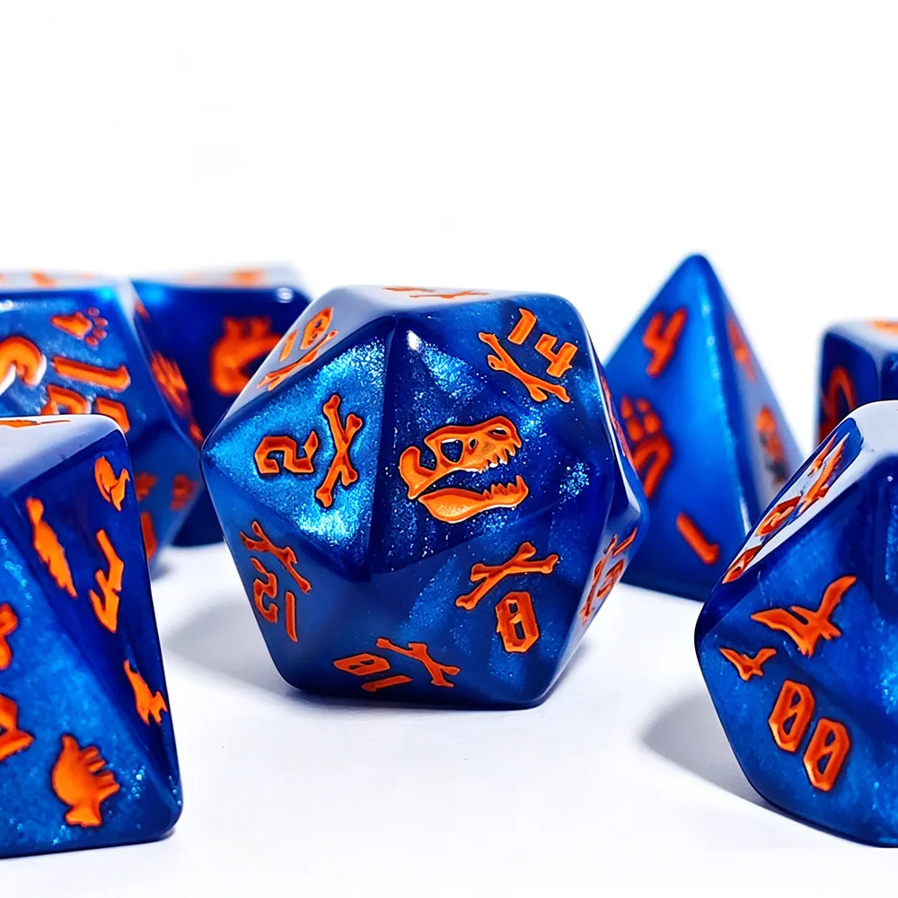 7Pcs Shimmer Sapphire Blue Acrylic Polyhedral Dice Set, Orange Engraved Dinosaur & Dino Footprint Rune Symbols, DND RPG MTG Game