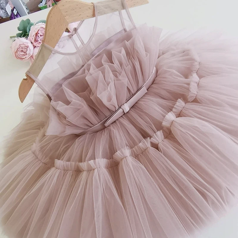 Baby Girls Fluffy Dress for Wedding Princess 1st Birthday Dress Sleeveless Bow Tulle Gown Toddler Kids Ceremony Party Costume