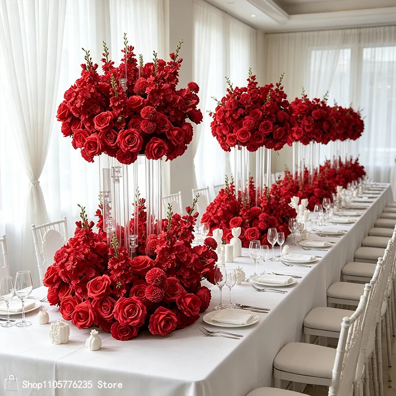 Rote Rose Delphinium Künstliche Blume Hochzeitstisch-Mittelstück Kranz Blumenarrangement Bankett Hotel Dekoration 30/40/50/60/70CM – Detail 1
