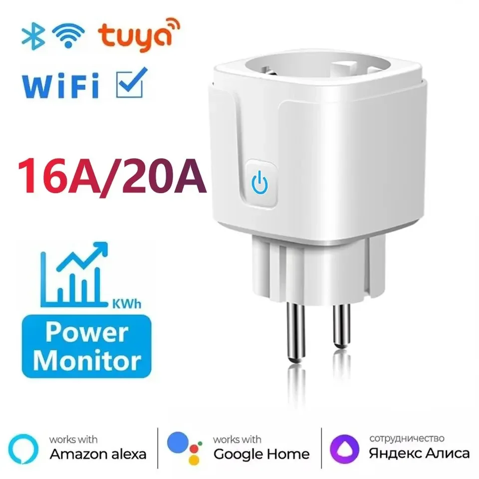 16A/20A Tuya EU WiFi Socket Plug Smart Life Outlet with Monitor Timing Function WiFi Plug Support APP Control and Alexa Google