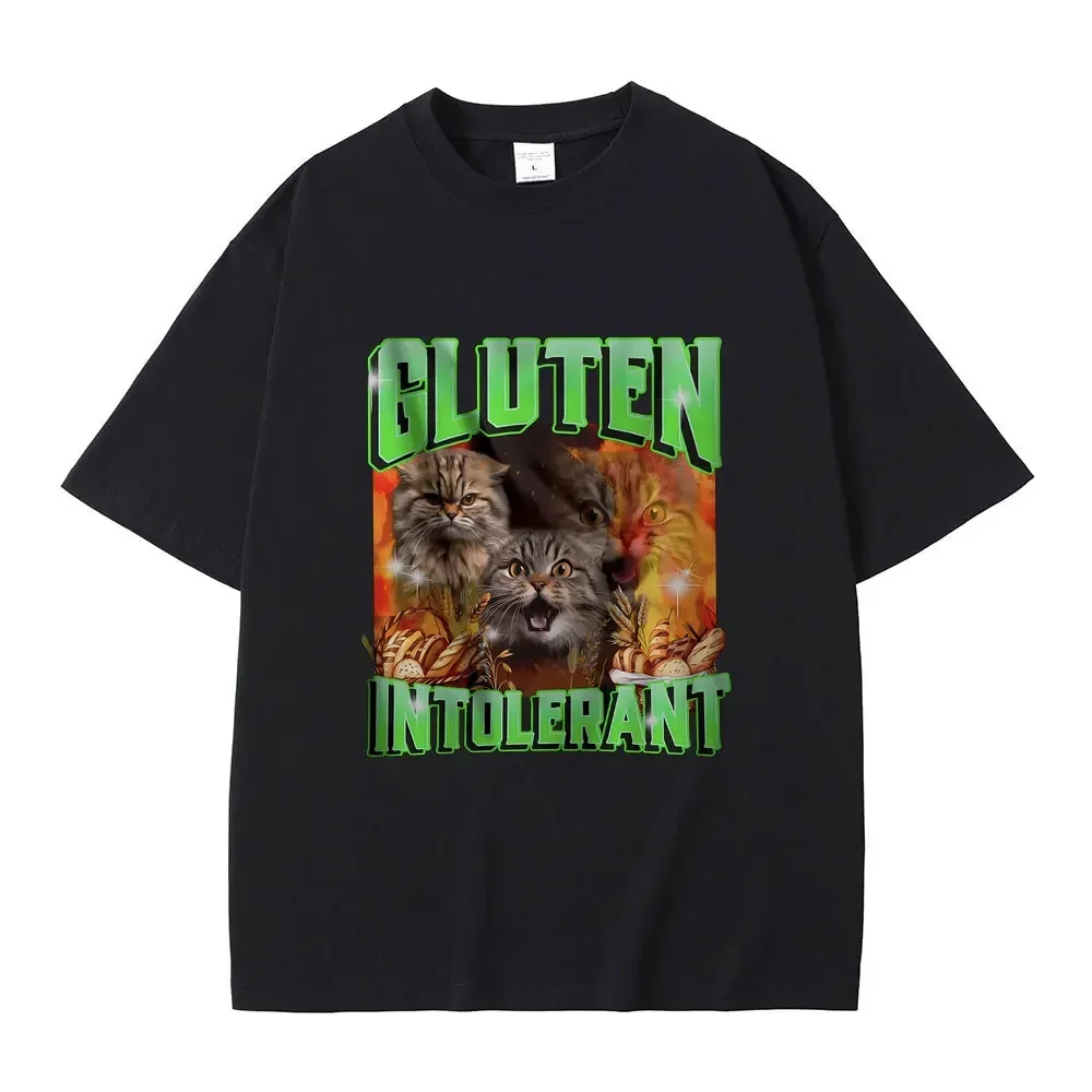 

Gluten in Tolerant Cat Funny Meme Print T-shirt Male Fashion Oversized Streetwear Men Women Casual Cozy Pure Cotton Short Sleeve