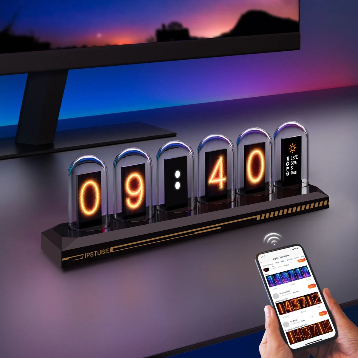 WiFi USB LED Glows Night Lights RGB Nixie Digital Tube Clock Bluetooth IPS Color Display Screen Game Desktop Bedroom Decor Gift