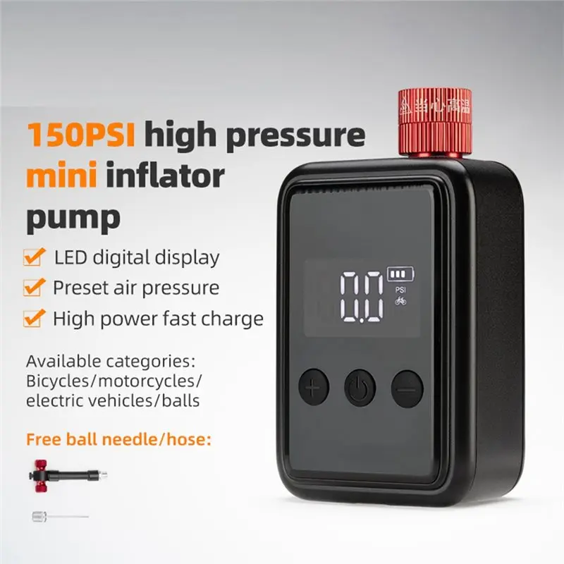 ABKV-Pocket Size Portable Bike Electric Air Pump 150 PSI MINI Fast Rechargeable Digital Pressure Tire Inflator Compressor