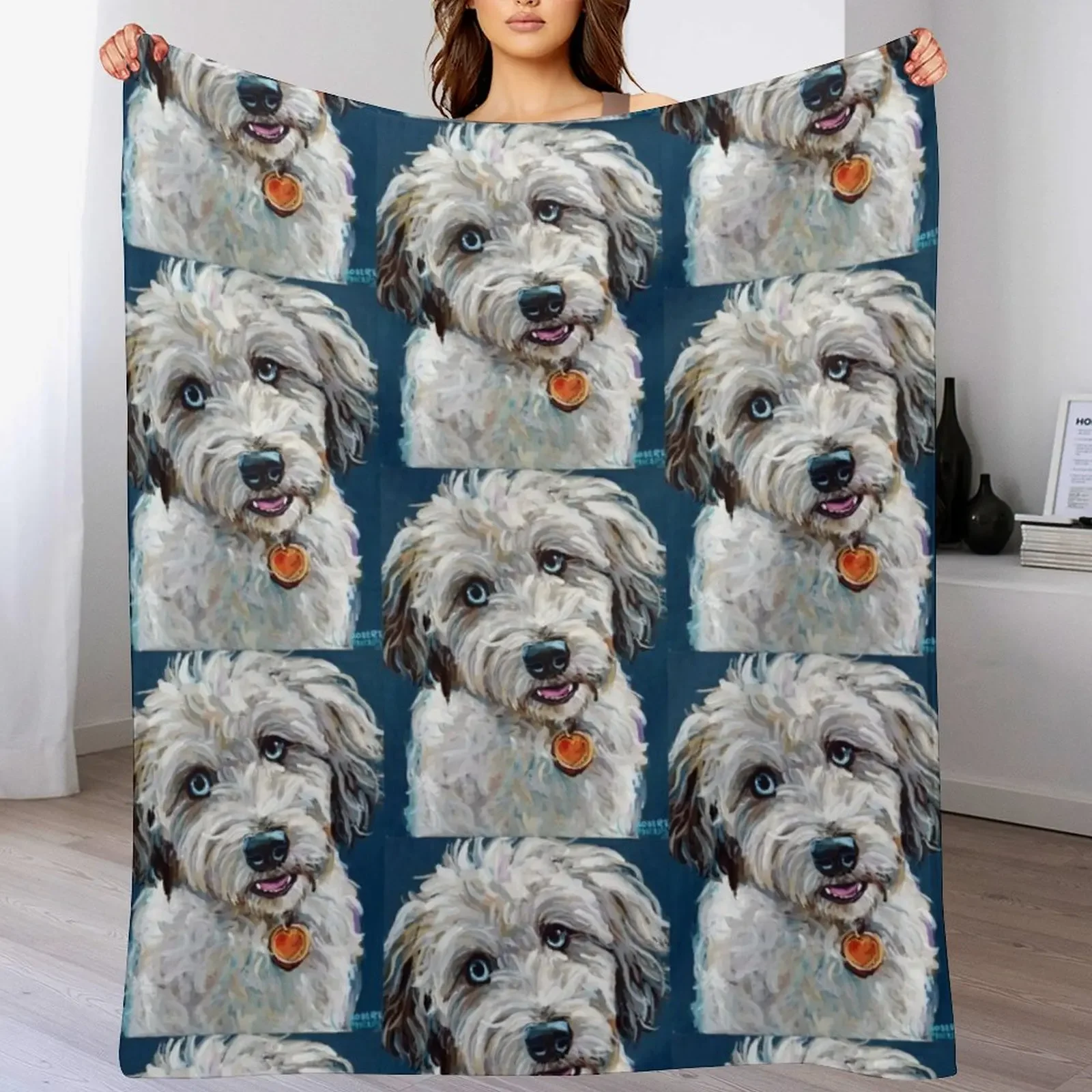 

Cute Blue Eyed Aussiedoodle Throw Blanket Luxury Designer Thermals For Travel Thermal Soft Plush Plaid Blankets
