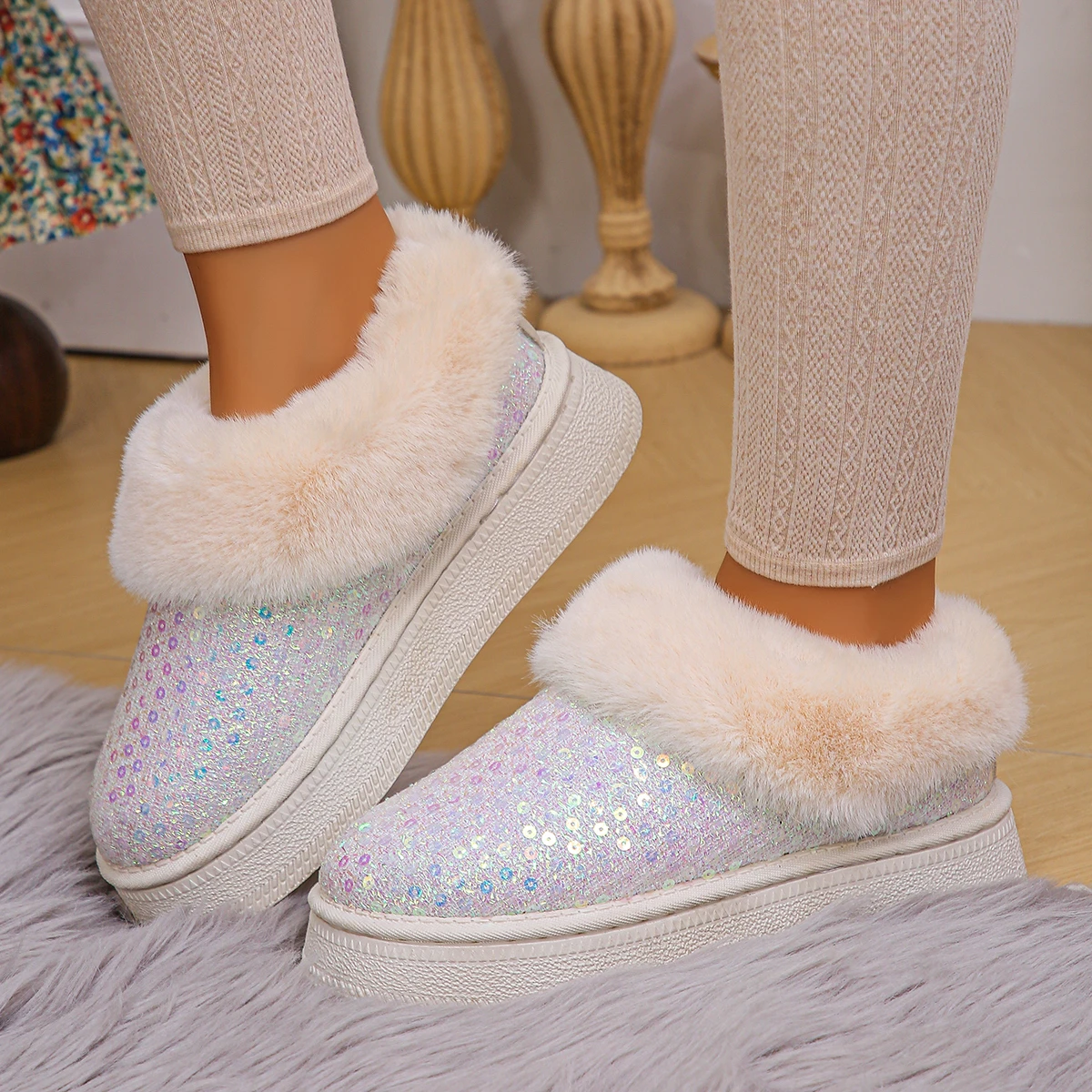 Fashion Silver Sequins Snow Boots for Women Winter 2024 Thick Sole Cozy Warm Cotton Shoes Woman Platform Faux Fur Ankle Booties